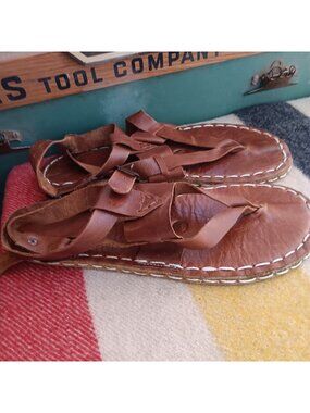True Vintage Handmade Leather Sandals 9.5 US 40 Mexico Strappy Gladiator Thong